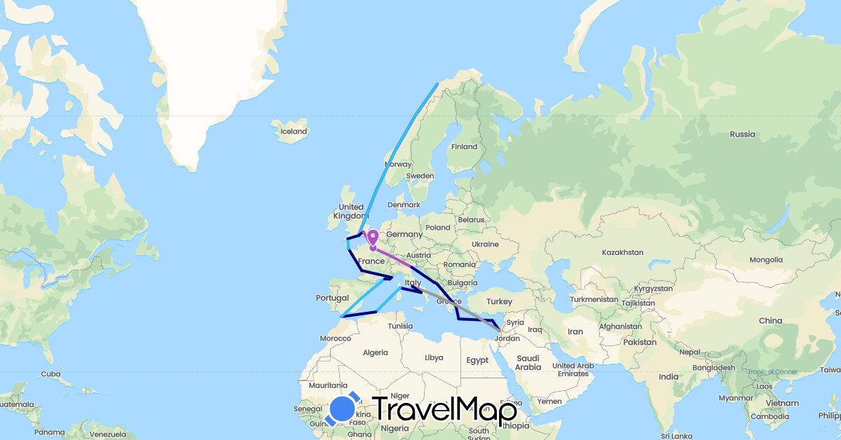 TravelMap itinerary: driving, plane, train, boat in Cyprus, Algeria, France, United Kingdom, Greece, Croatia, Israel, Italy, Morocco, Montenegro, Norway (Africa, Asia, Europe)